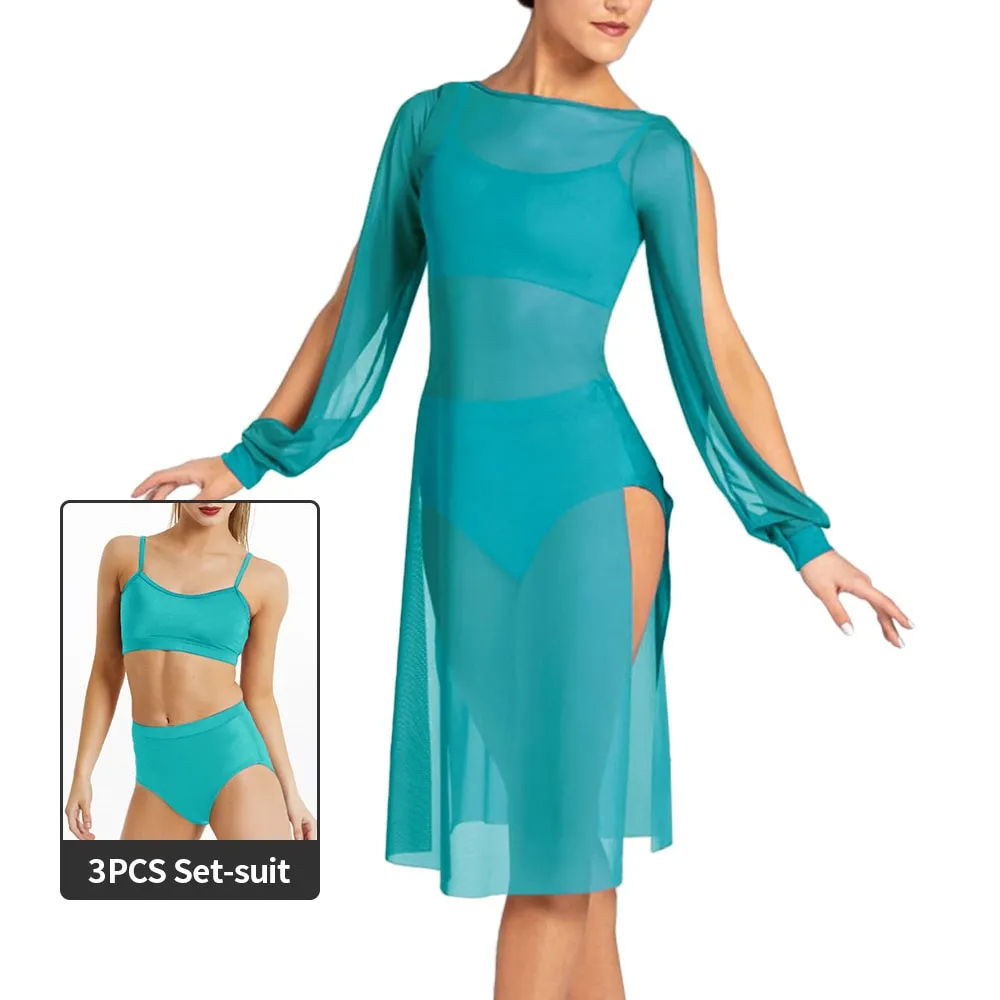 Long Splits Sleeves Mesh Dance Dress Outfits