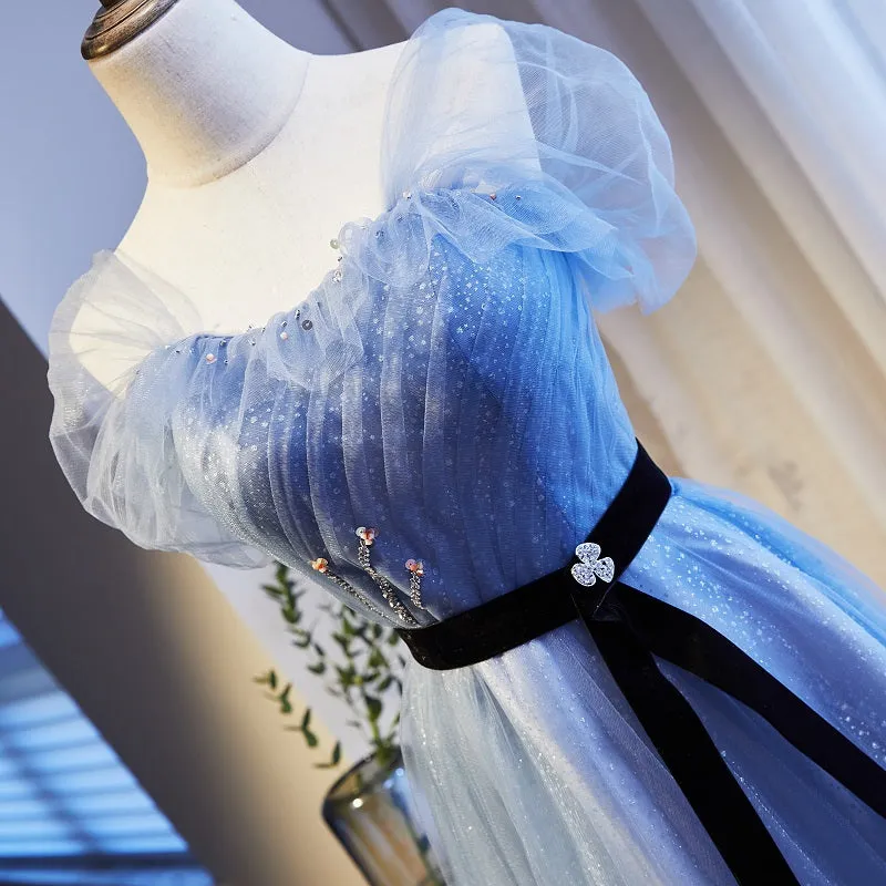 Lovely Blue Beaded Long Evening Dress New Style Party Dress, Blue Tulle Formal Dresses