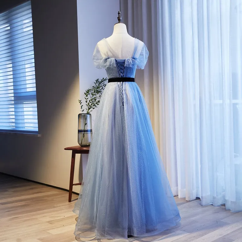 Lovely Blue Beaded Long Evening Dress New Style Party Dress, Blue Tulle Formal Dresses