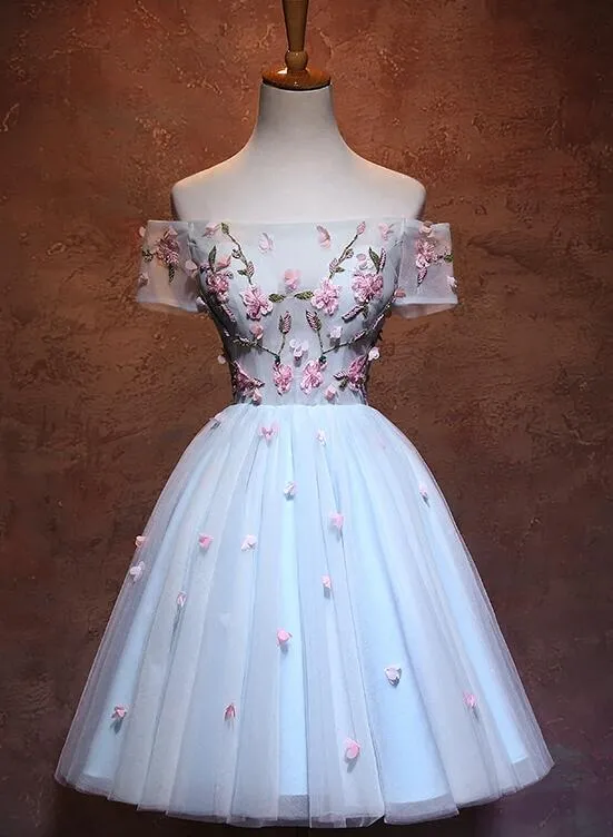 Lovely Light Blue Tulle Knee Length Homecoming Dress, Cute Floral Party Dress