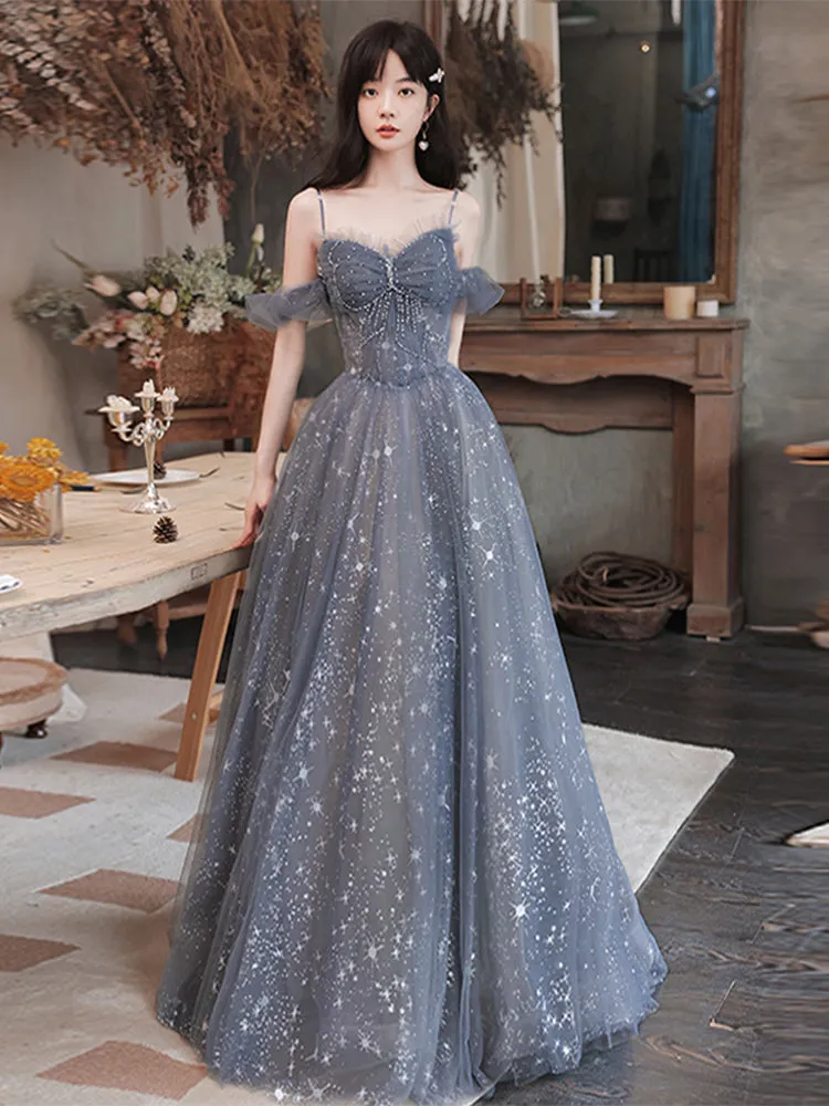 Lovely Off Shoulder Beaded Tulle Prom Dress Party Dress, Beaded A-line Evening Dresses