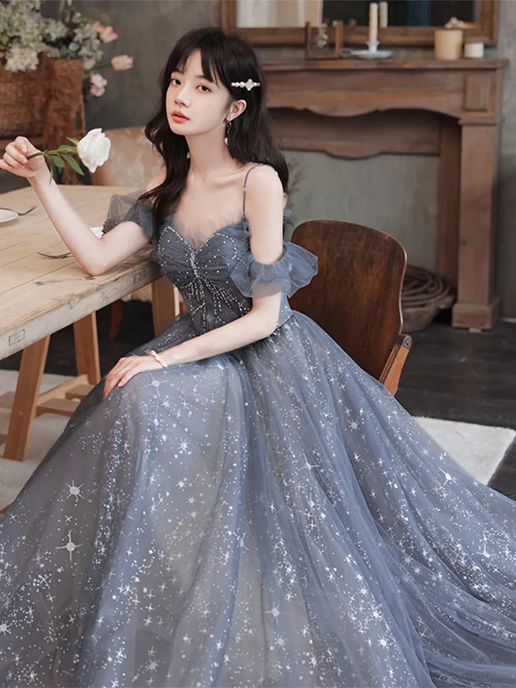 Lovely Off Shoulder Beaded Tulle Prom Dress Party Dress, Beaded A-line Evening Dresses