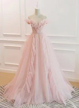 Lovely Pink Tulle Off Shoulder Beaded Long Party Dresses, Pink Prom Dress Formal Gown
