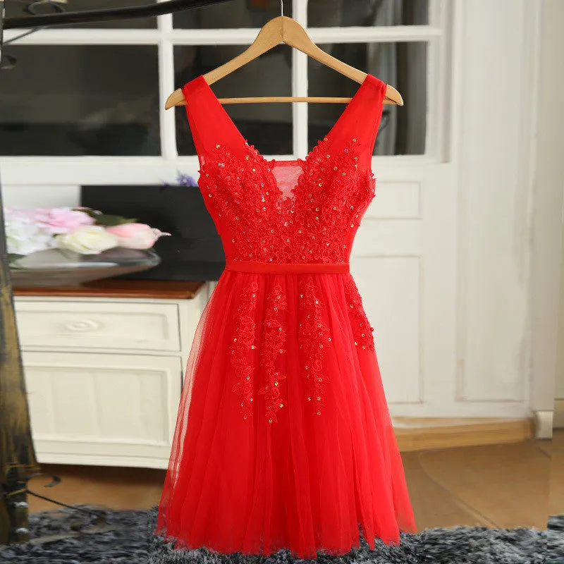 Lovely Tulle Lace Applique Beaded Party Dress, Short Prom Dress