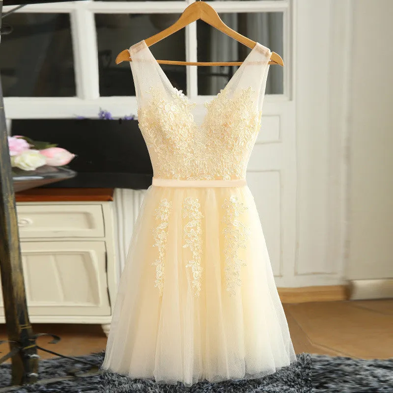 Lovely Tulle Lace Applique Beaded Party Dress, Short Prom Dress