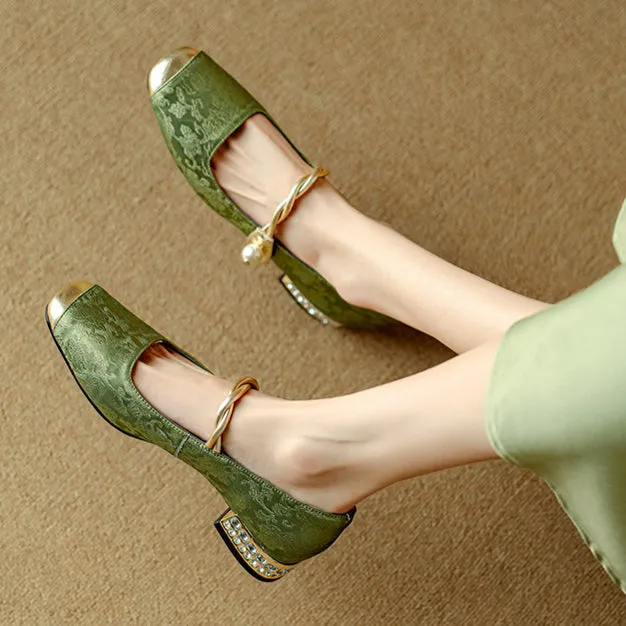 Low-Heel Mary Jane Shoes with Rhinestone Accent and Pearl Strap