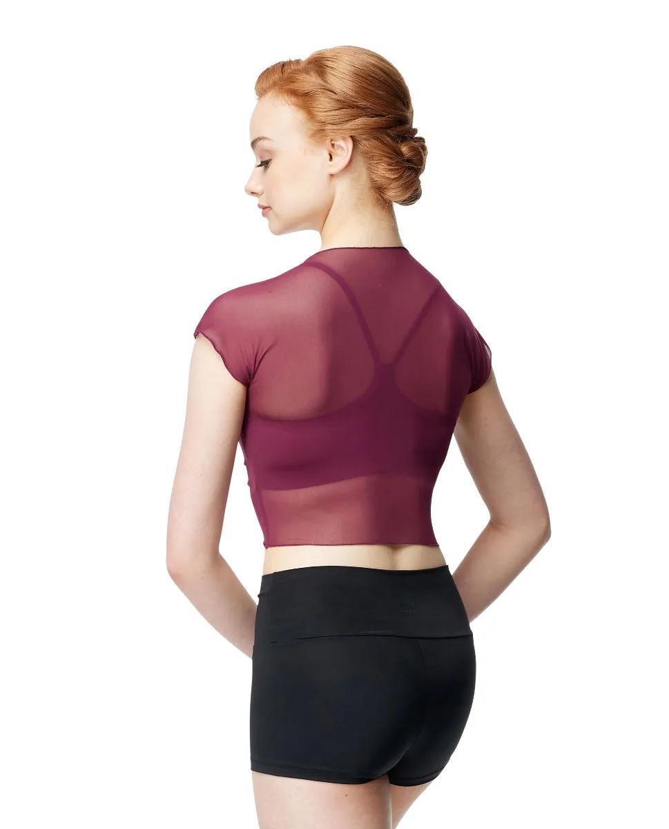 Lulli Wine Floretta Mesh Short Sleeve Top