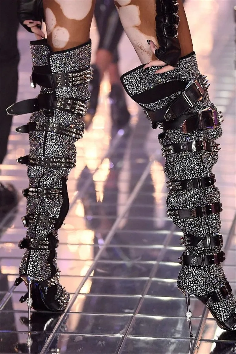 Luxury Crystal Decor Thigh High Boots