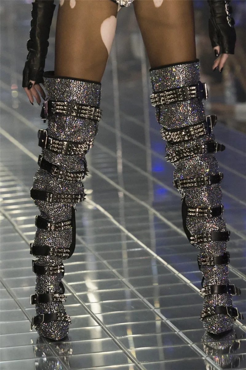 Luxury Crystal Decor Thigh High Boots