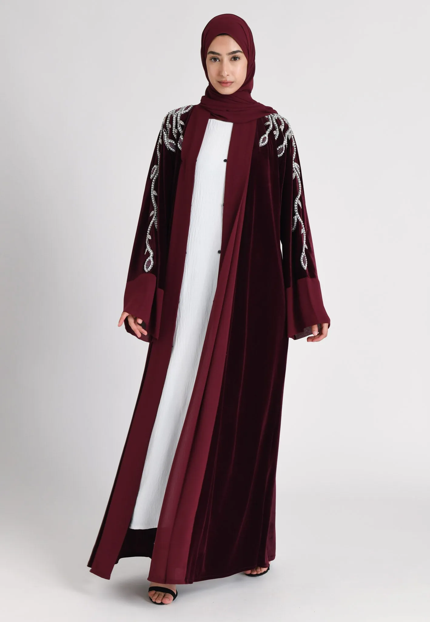 Luxury Ruby Velvet Open Abaya (Premium)