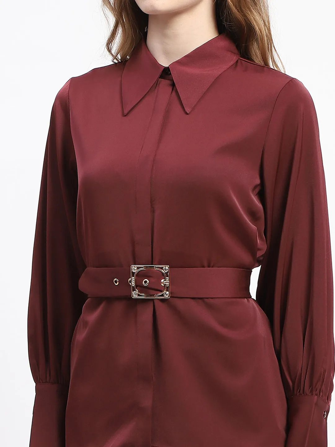 Madame Wine Red Belted Shirt and Flared Bottom Coord Set