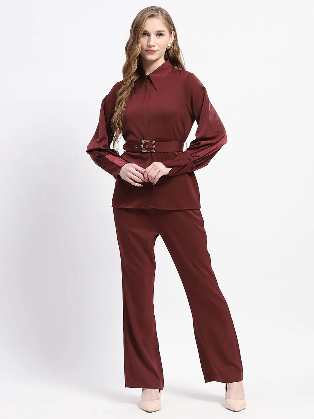 Madame Wine Red Belted Shirt and Flared Bottom Coord Set