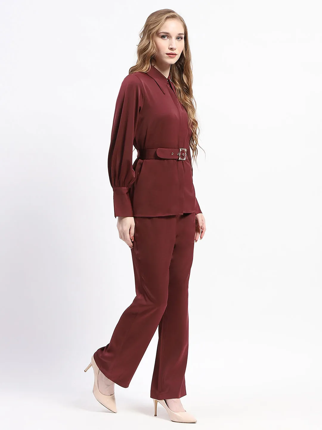 Madame Wine Red Belted Shirt and Flared Bottom Coord Set