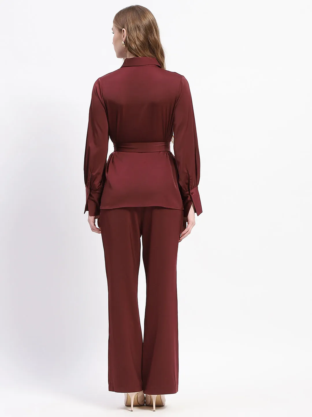 Madame Wine Red Belted Shirt and Flared Bottom Coord Set