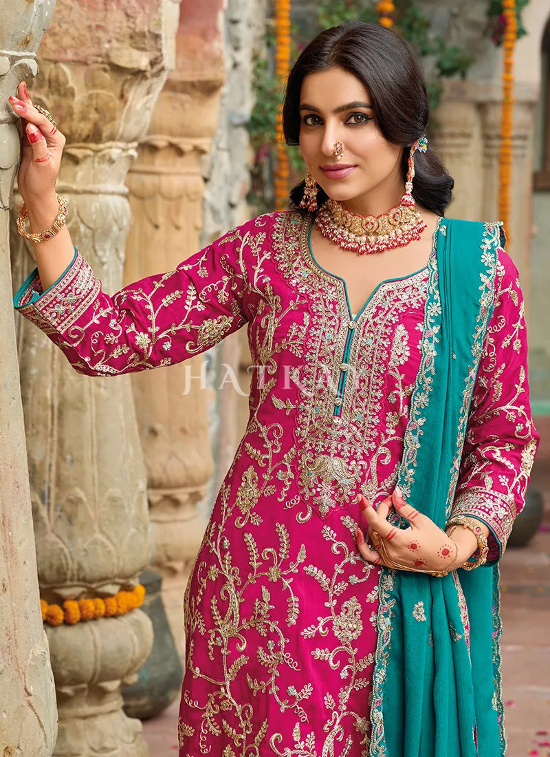 Magenta And Teal Embroidered Pakistani Suit
