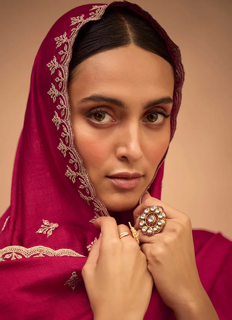 Magenta Embroidery Silk Festive Palazzo Suit