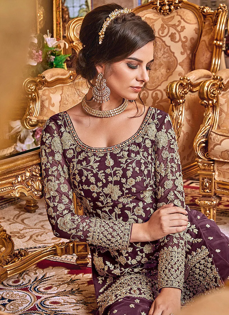 Magenta Floral Embroidered Gharara Palazzo Suit