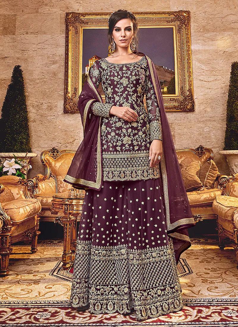 Magenta Floral Embroidered Gharara Palazzo Suit