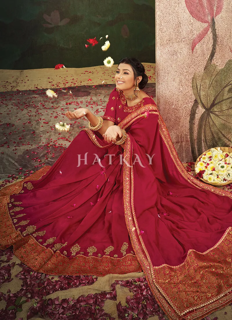 Magenta Pink Embroidery Traditional Crepe Silk Saree