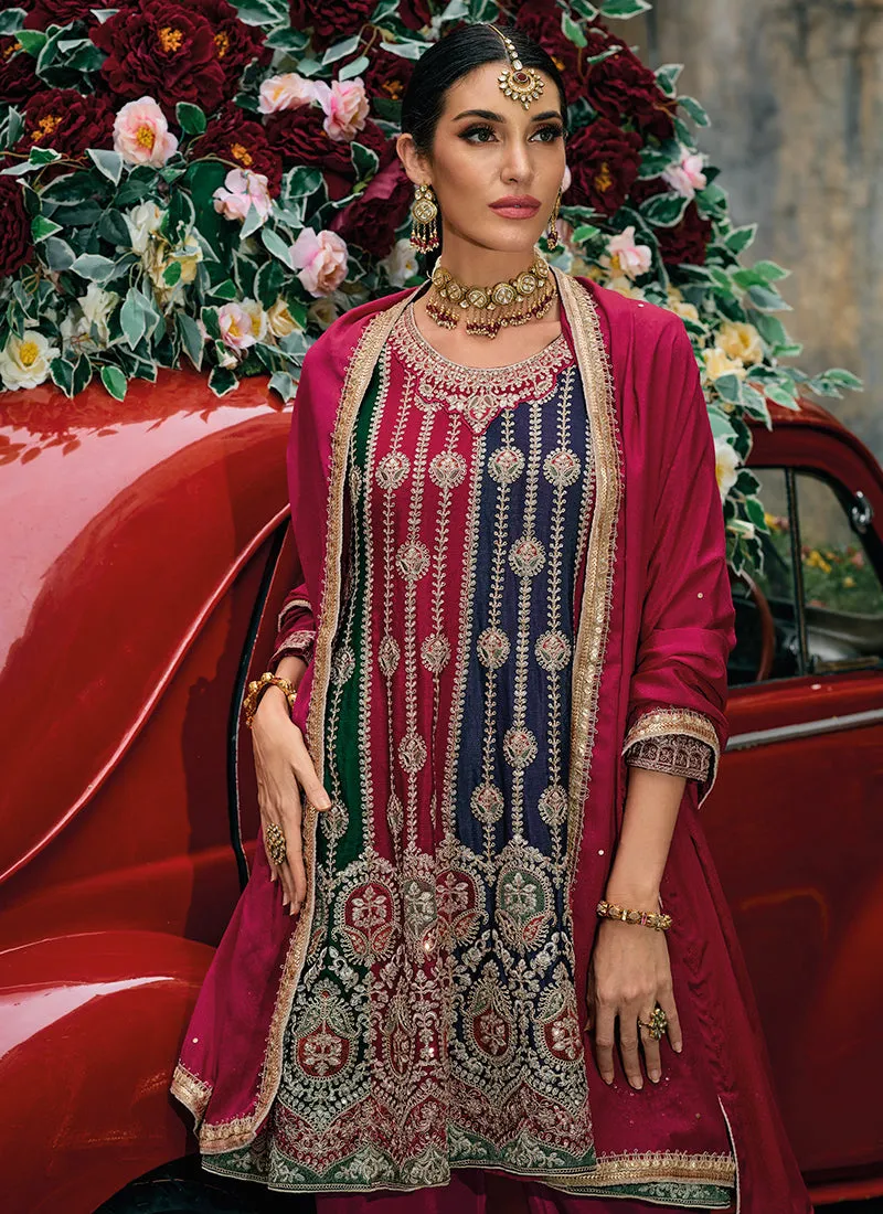 Magenta Pink Multi Embroidery Wedding Gharara Suit
