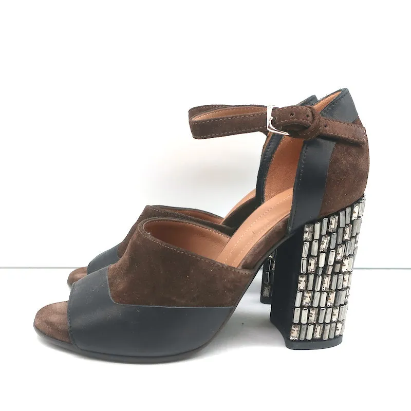Marni Crystal-Embellished Heel Sandals Brown Suede Size 36.5 Peep Toe Mary Jane