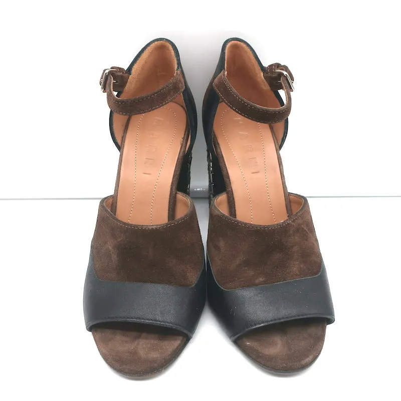 Marni Crystal-Embellished Heel Sandals Brown Suede Size 36.5 Peep Toe Mary Jane