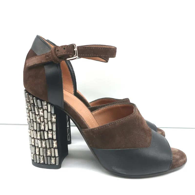 Marni Crystal-Embellished Heel Sandals Brown Suede Size 36.5 Peep Toe Mary Jane