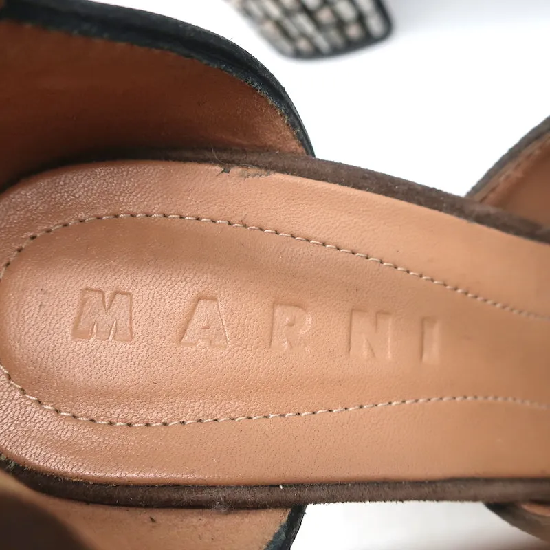 Marni Crystal-Embellished Heel Sandals Brown Suede Size 36.5 Peep Toe Mary Jane