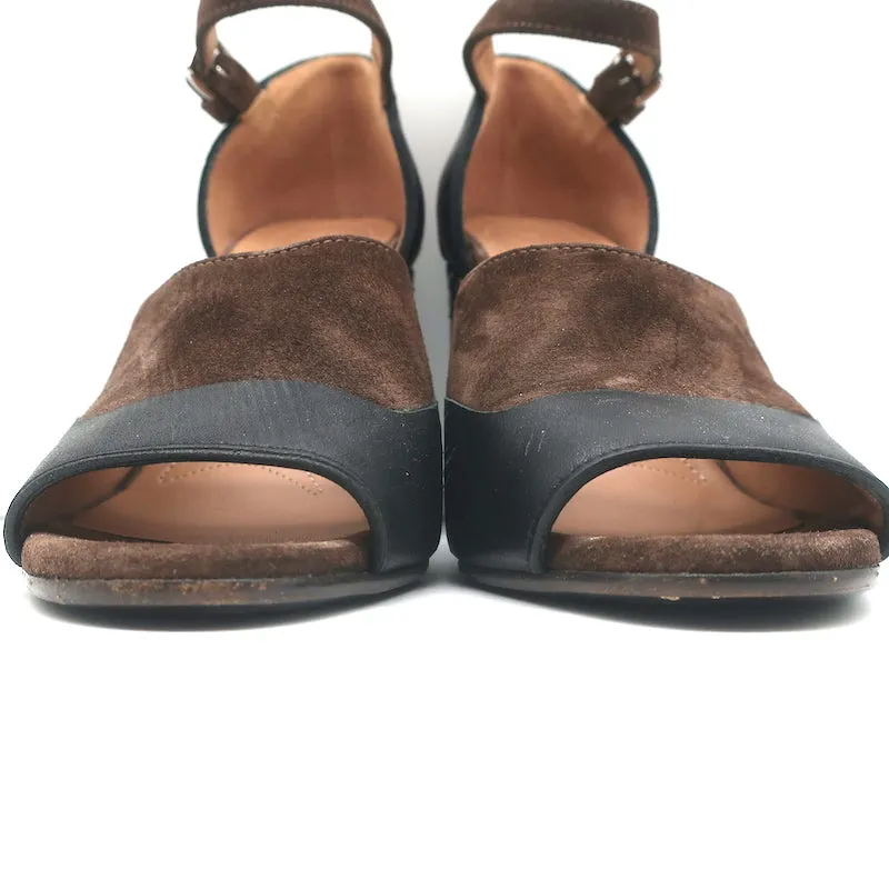 Marni Crystal-Embellished Heel Sandals Brown Suede Size 36.5 Peep Toe Mary Jane