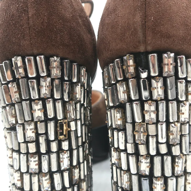 Marni Crystal-Embellished Heel Sandals Brown Suede Size 36.5 Peep Toe Mary Jane
