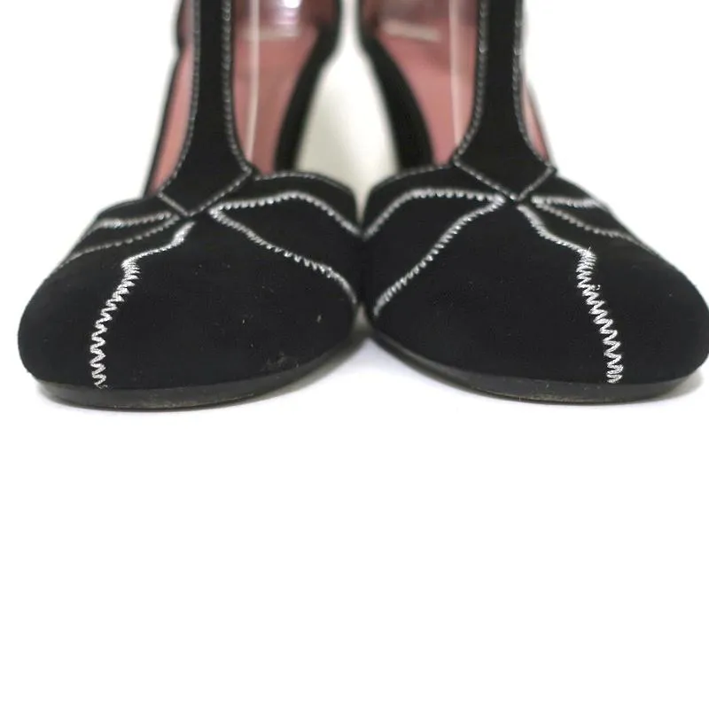 Marni T-Strap Mary Jane Pumps Black Embroidered Suede Size 36