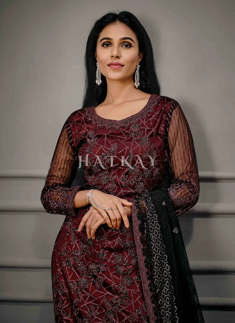 Maroon And Black Embroidered Pant Suit