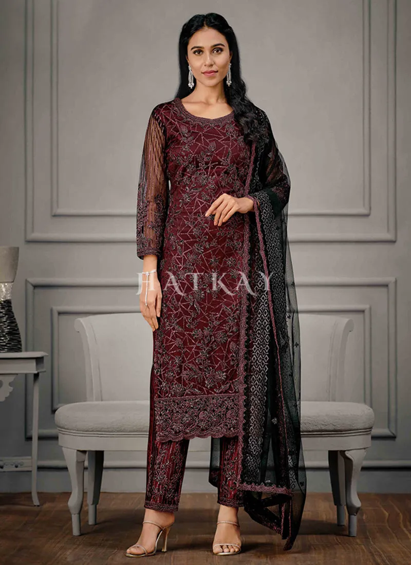 Maroon And Black Embroidered Pant Suit
