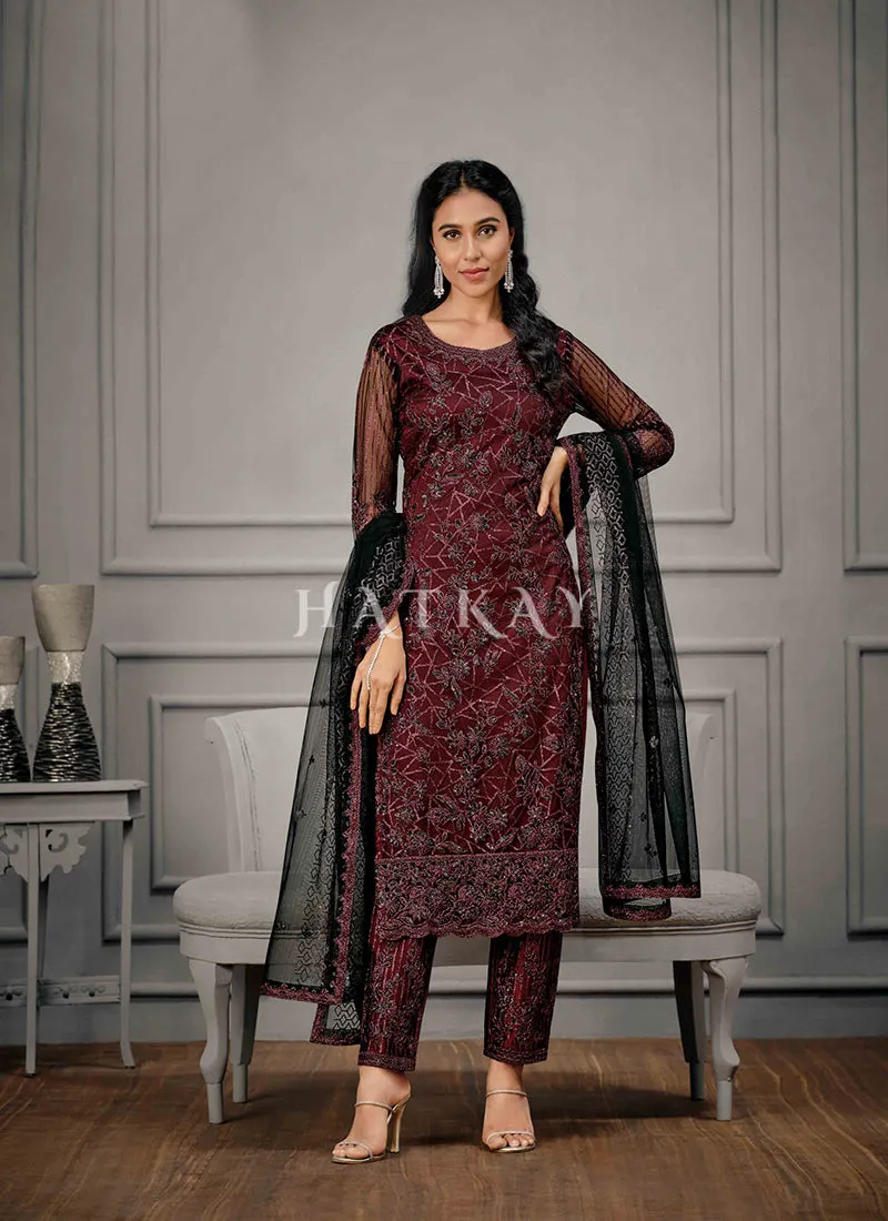 Maroon And Black Embroidered Pant Suit