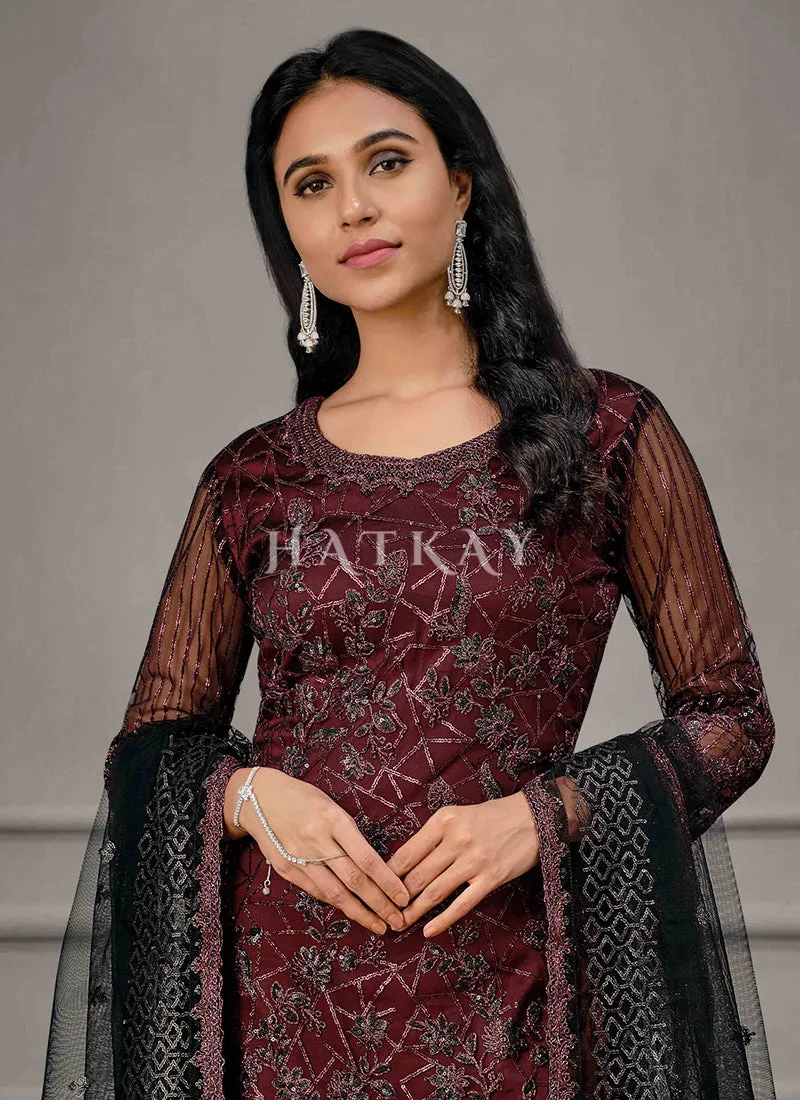 Maroon And Black Embroidered Pant Suit