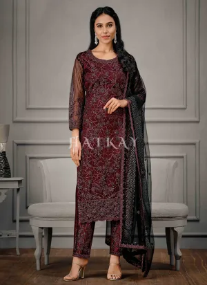 Maroon And Black Embroidered Pant Suit