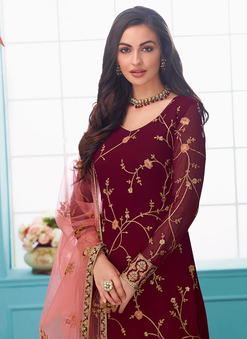 Maroon And Peach Embroidered Indian Churidar Suit