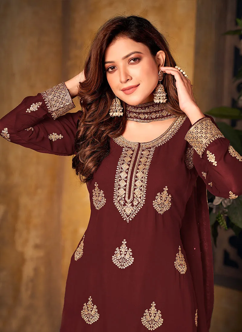 Maroon Embroidered Pakistani Palazzo Suit