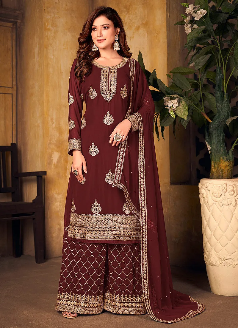 Maroon Embroidered Pakistani Palazzo Suit