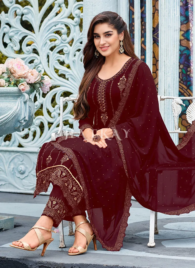 Maroon Embroidered Traditional Pant Style Suit