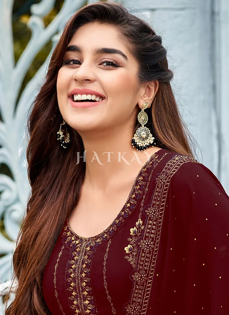 Maroon Embroidered Traditional Pant Style Suit