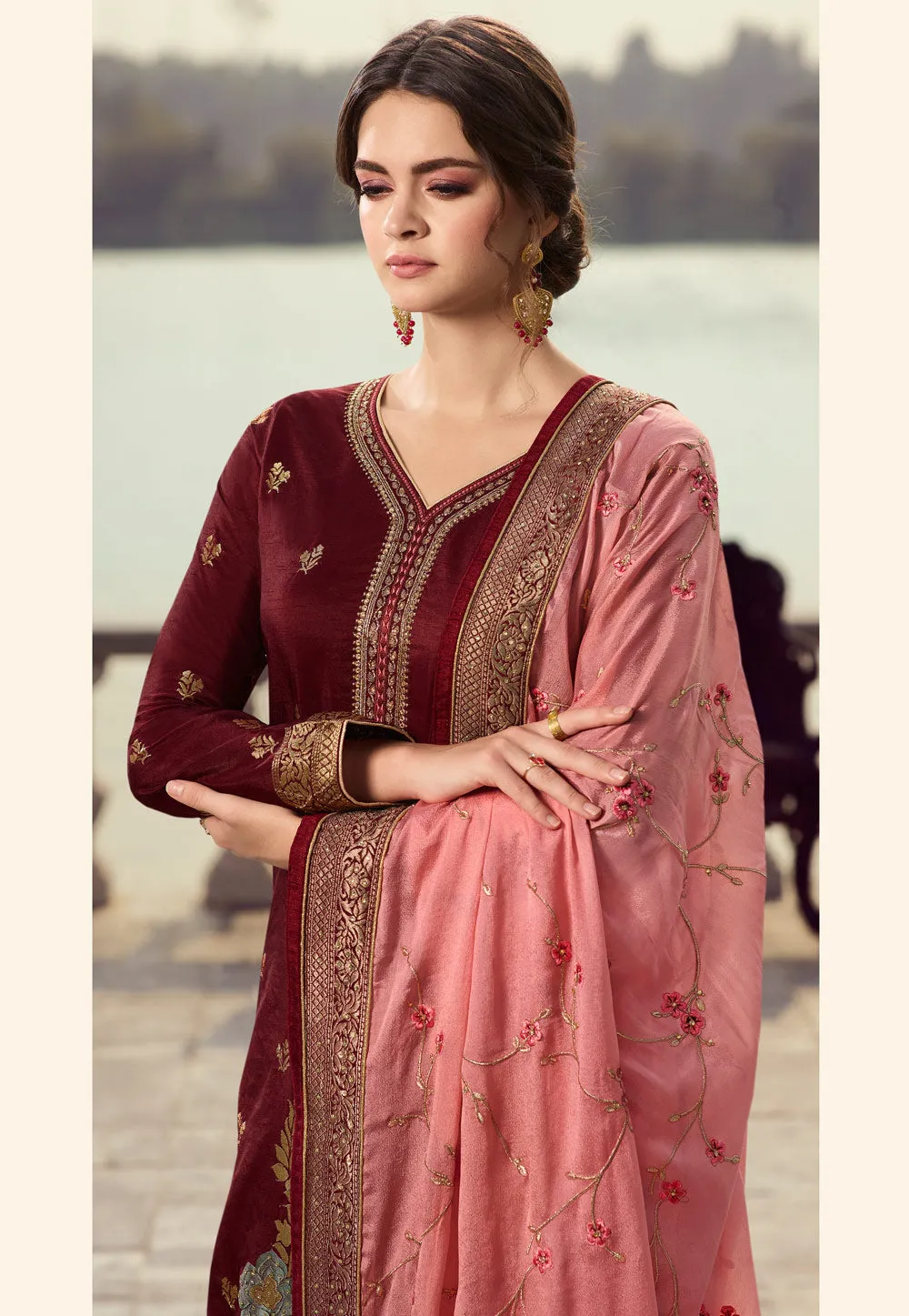 Maroon Multi Embroidered Palazzo Suit