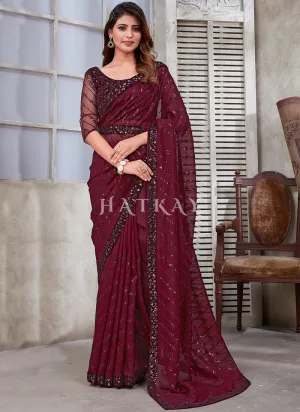 Maroon Sequence Embroidery Organza Silk Saree With Belt
