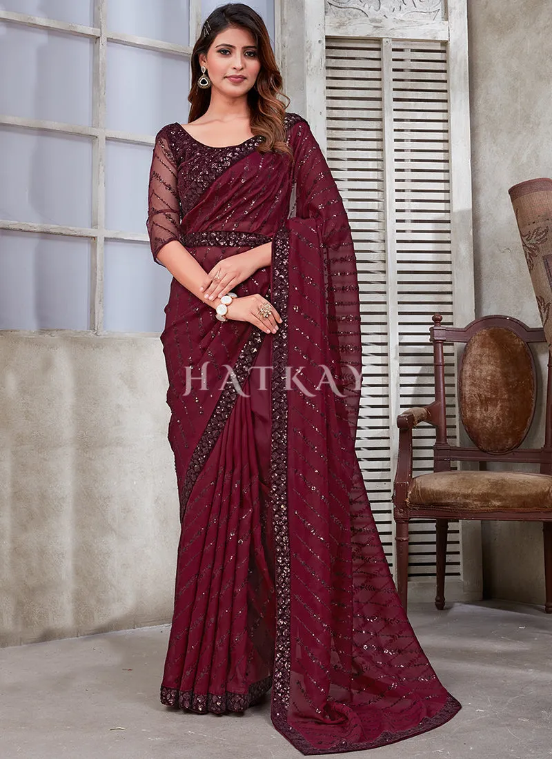 Maroon Sequence Embroidery Organza Silk Saree With Belt