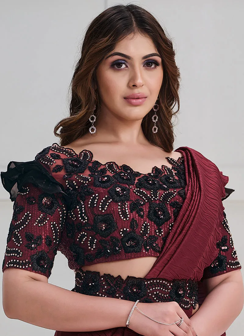 Maroon Sequence Embroidery Silk Wedding Saree