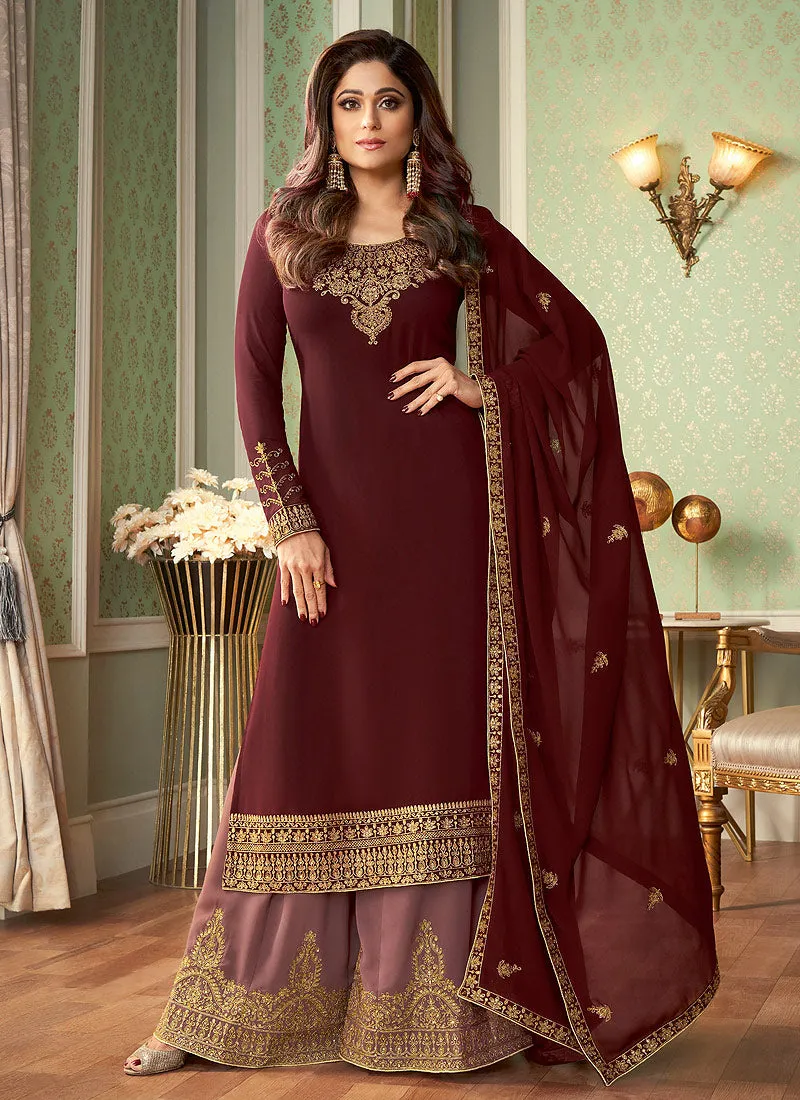 Maroon Two Tone Embroidered Palazzo Suit