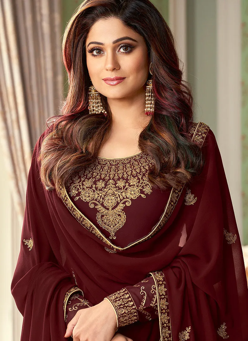 Maroon Two Tone Embroidered Palazzo Suit