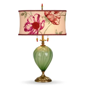 Mary Anne in Green Table Lamp 210AF109 Colors Bright Green Blown Glass Base with Linen Pink and Rust Embroidered Shade by Kinzig Design