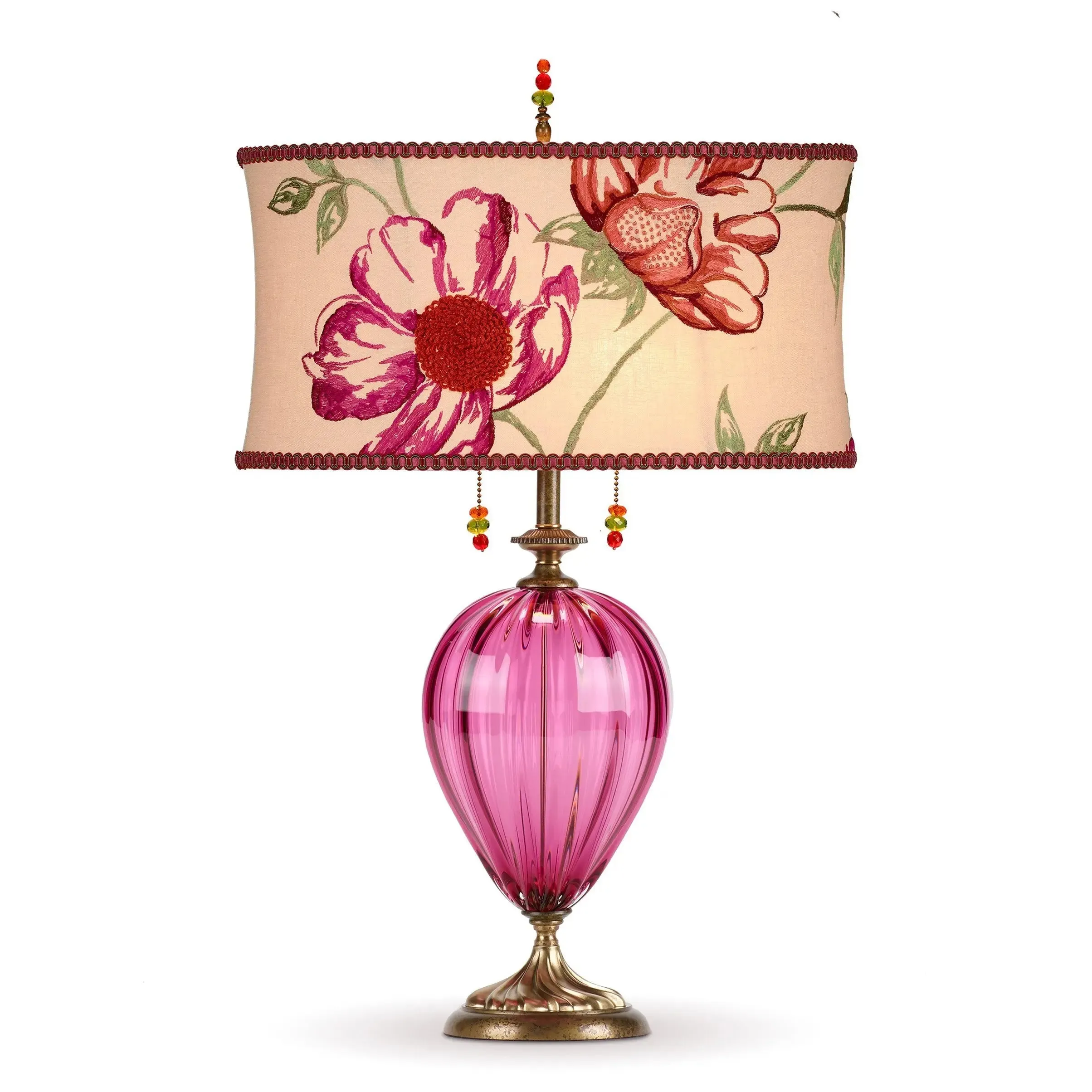 Mary Anne in Rose Table Lamp 163AF109 Colors Rose Blown Glass Base Floral Rose Fuschia Green Ecru Embroidered linen Shade by Kinzig Design
