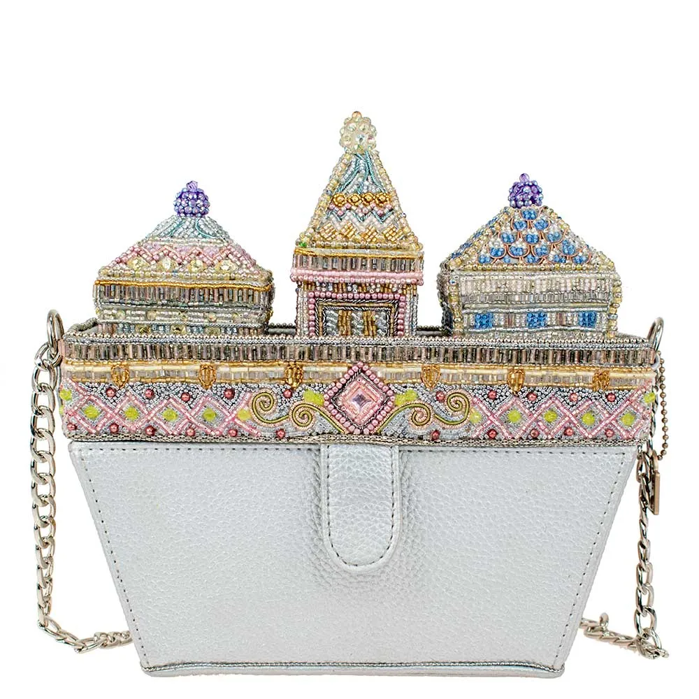 Mary Frances Castles in The Air Crossbody Silver Beaded Leather Handbag Bag New